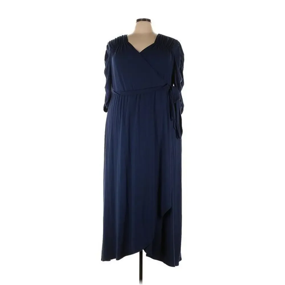 Kiyonna Dress Meadow Dream Style 5X Maxi True Wrap Slimming Navy Blue Ruched